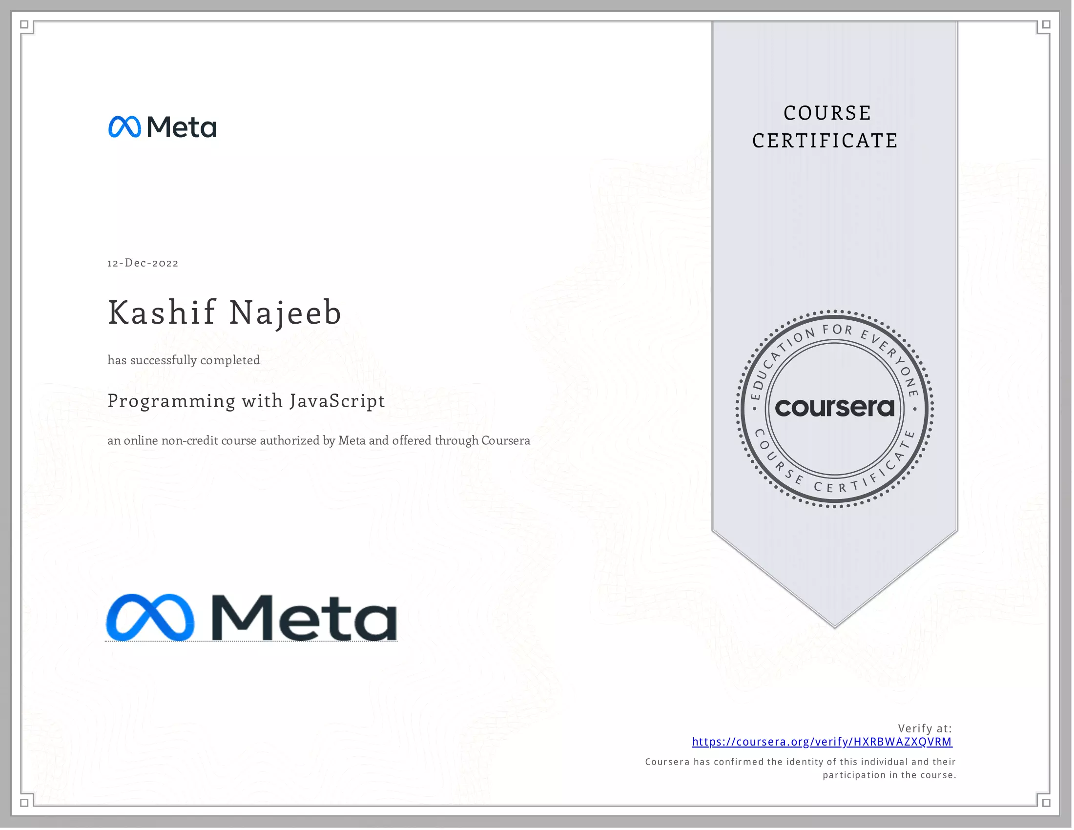 Programming with JavaScript Meta Certificate